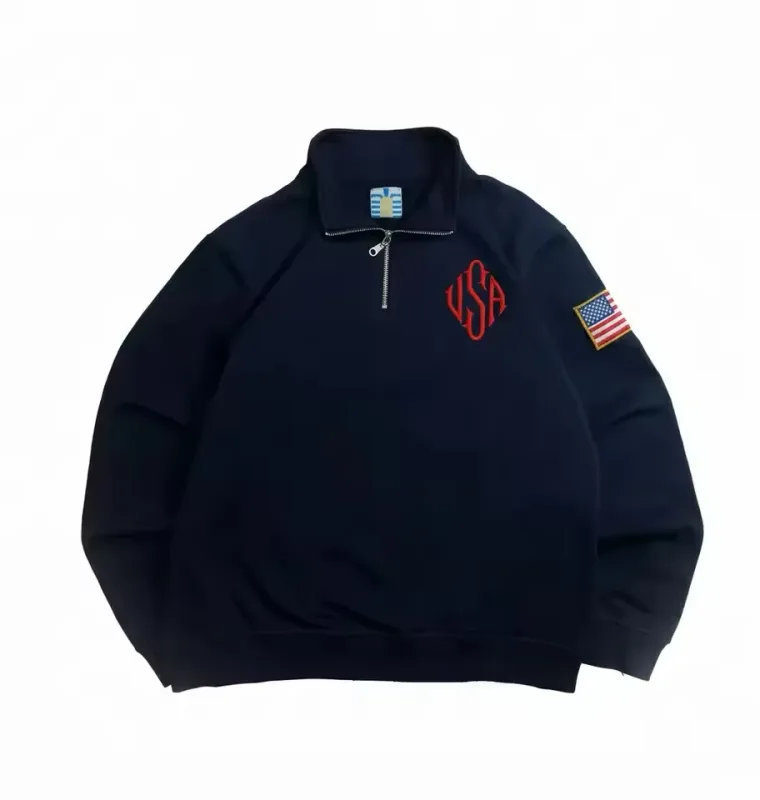 Pitt Y2K Retro Sweatshirt Sleeve Embroidery US Flag Stand Collar Quarterzip Pullover Niche Streetwear Unisex Oversized Tops