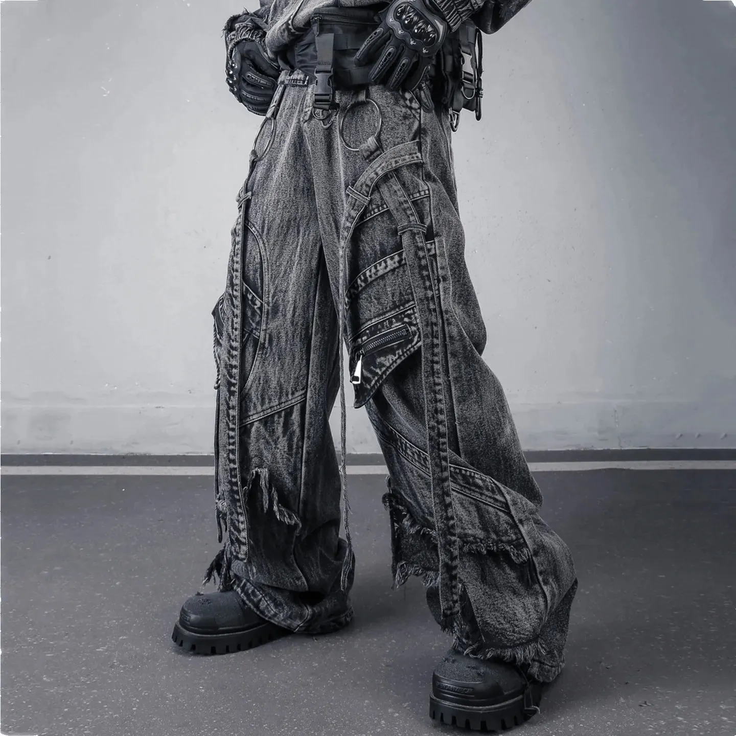 Deconstructed Straps Washed Vintage Cargo Jeans Man Woman Techwear Wasteland Style Wide Leg Tactical Baggy Pants Street Wear — image 5