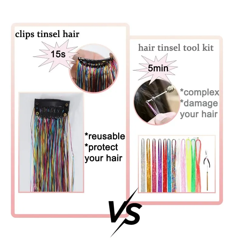 2PCS Synthetic Hair Tinsel Clip in Extensions Colored Sparkle Hair Tinsel Kit with BB Clip for Kids Girls Christmas Party Use — image 6