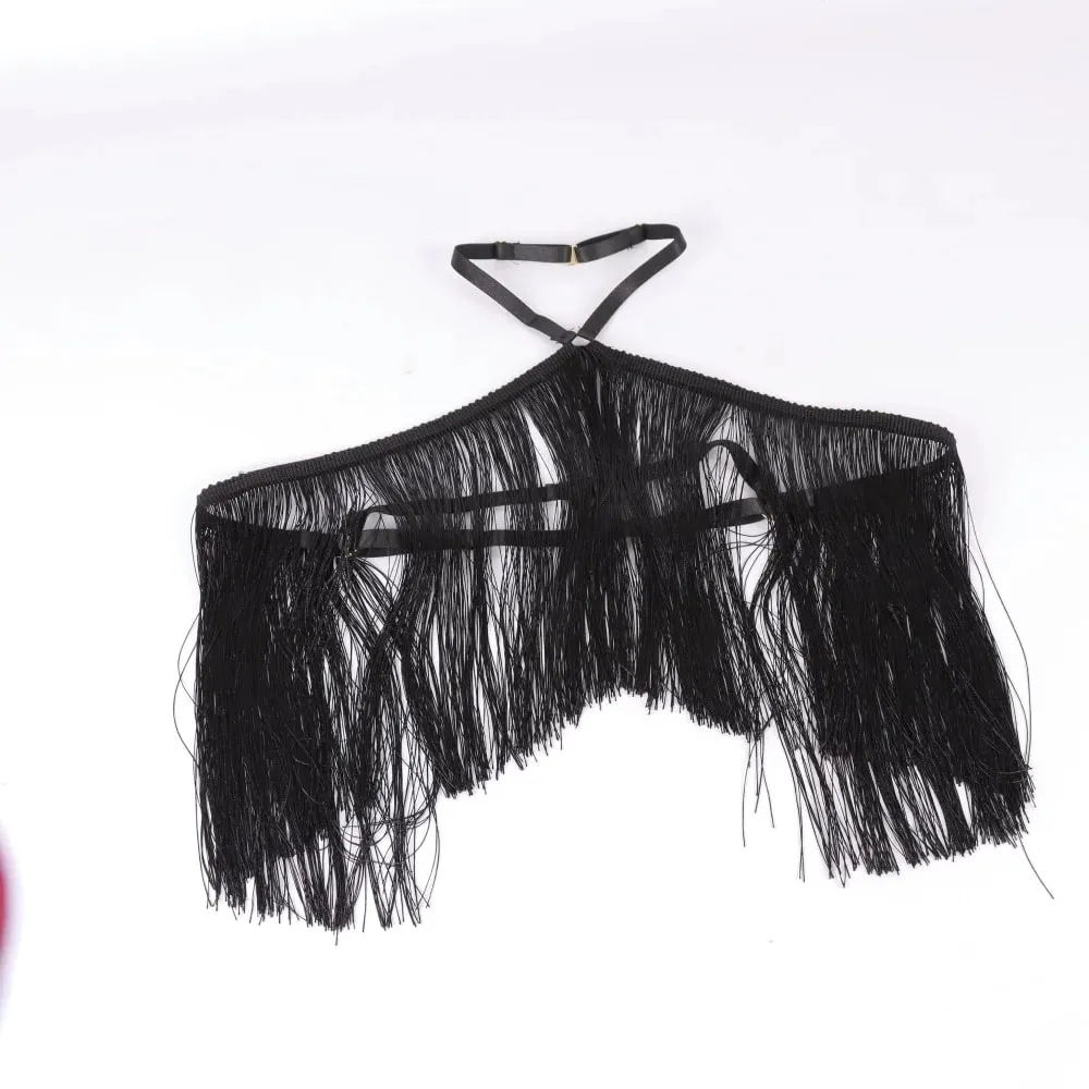 Women'S Black Tassel Halter Top-Adjustable Elastic Harness All-Season Wear Casual Attire Top Tassel Detail Top