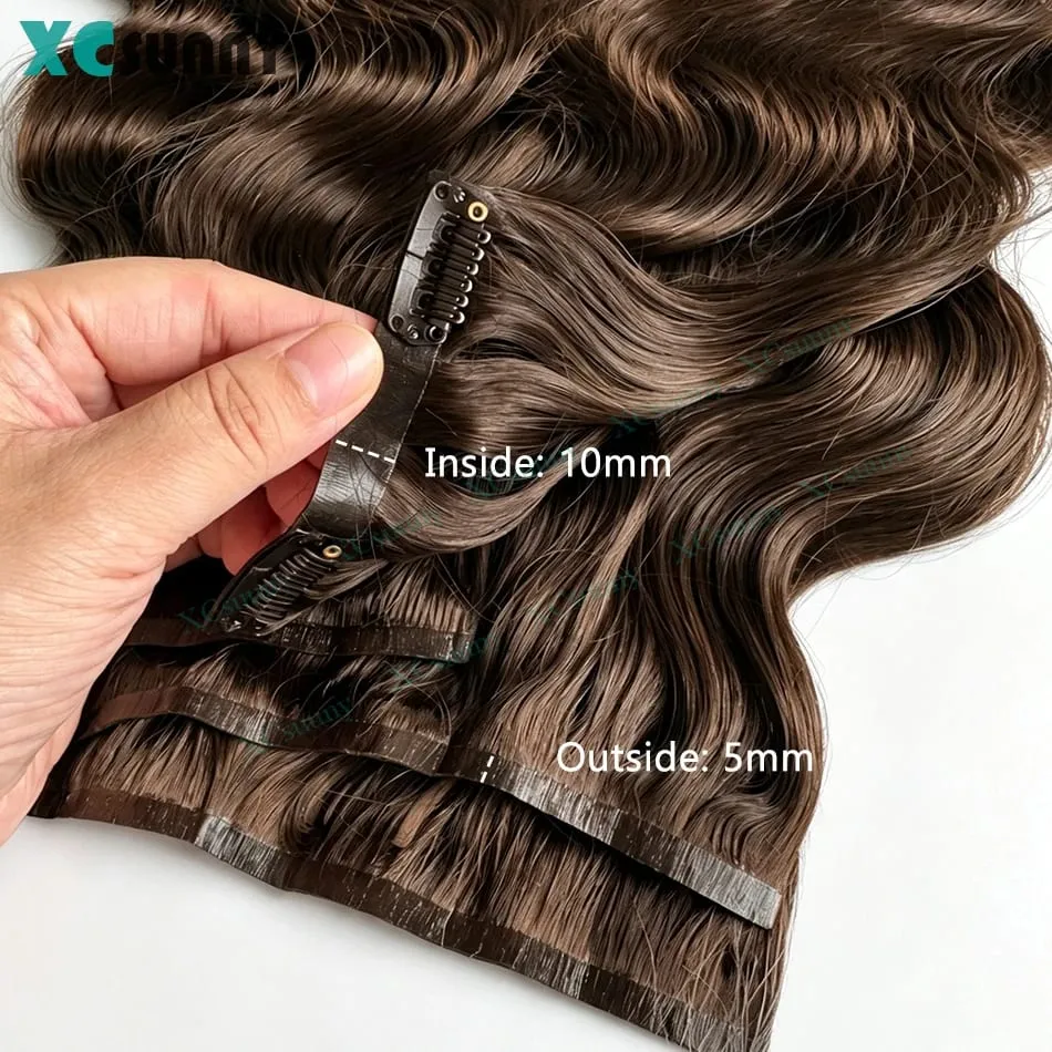 PU Clip Ins Human Hair Extensions Body Wave Chocolate Brown Color 4 Seamless Skin Weft Clip Ins for Women 100g- 240g — image 3