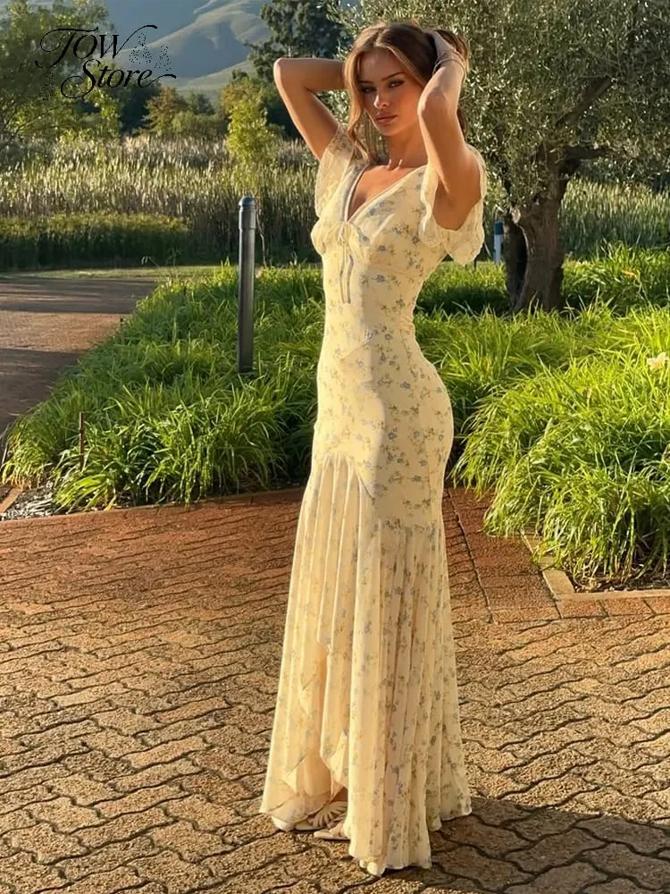 Y2k Floral Print Women's Long Dress Elegant Ruffle V-neck Cap Sleeve Summer Dresses 2026 Female Casual Vacation Party Outfit — image 3