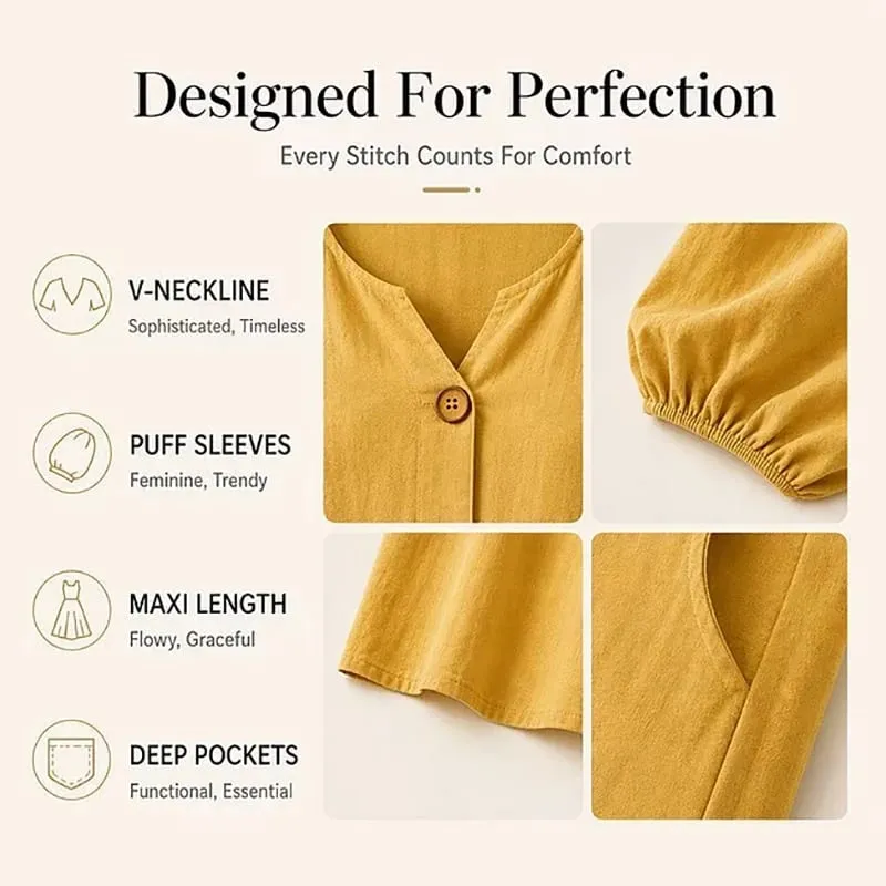 Vintage Casual Long Dress Women V Neck Wrist Puff Sleeve Loose Beach Holiday Dresses Women Casual Button Up Maxi Dresses Robe — image 6