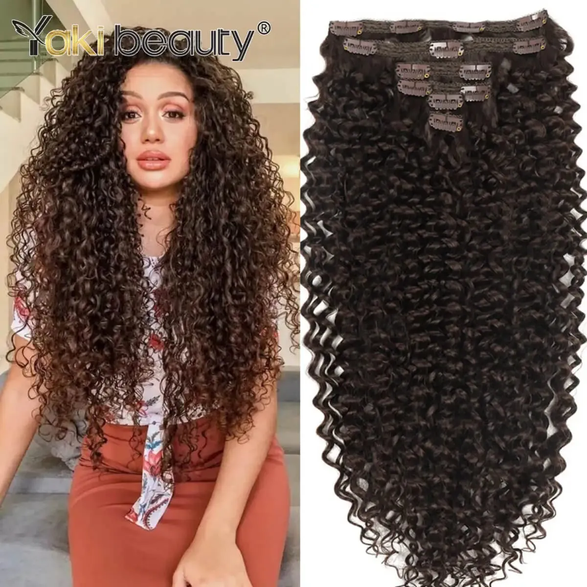 26'' Synthetic Jerry Curly Hair Extensions Double Weft Clip-In Full Head 6PCS/Set Organic Ice Silk Hairpiece Black/Brown 160g — image 2