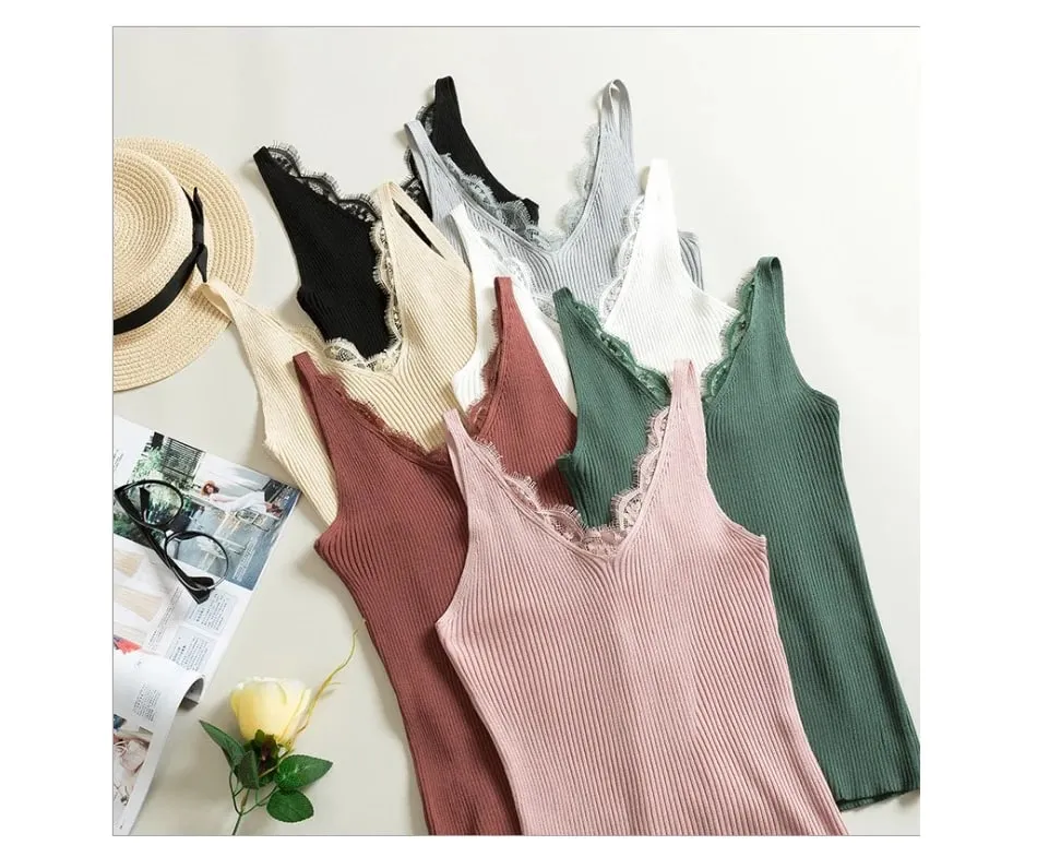 2026 Summer Casual Tops Solid Stitching V-neck Camis Women Hook Flower Lace Tank Female Knitted Short Slim Sleeveless Shirt — image 9