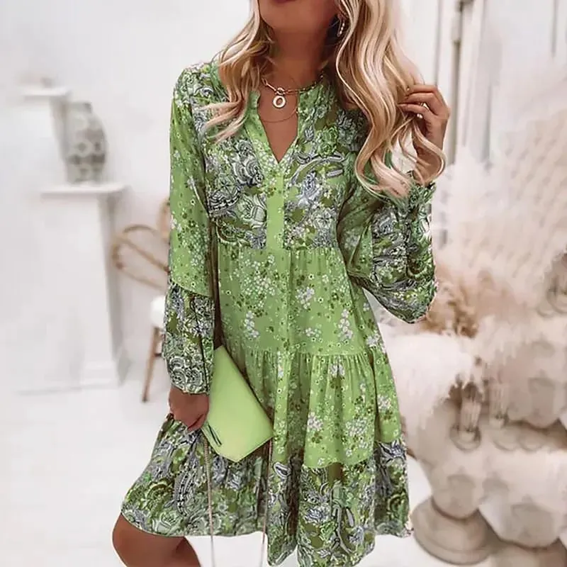 Spring Mini Dresses For Women Summer New Casual Loose Long Sleeve V-Neck Beach Sundress Ladies Short Party Dress — image 3