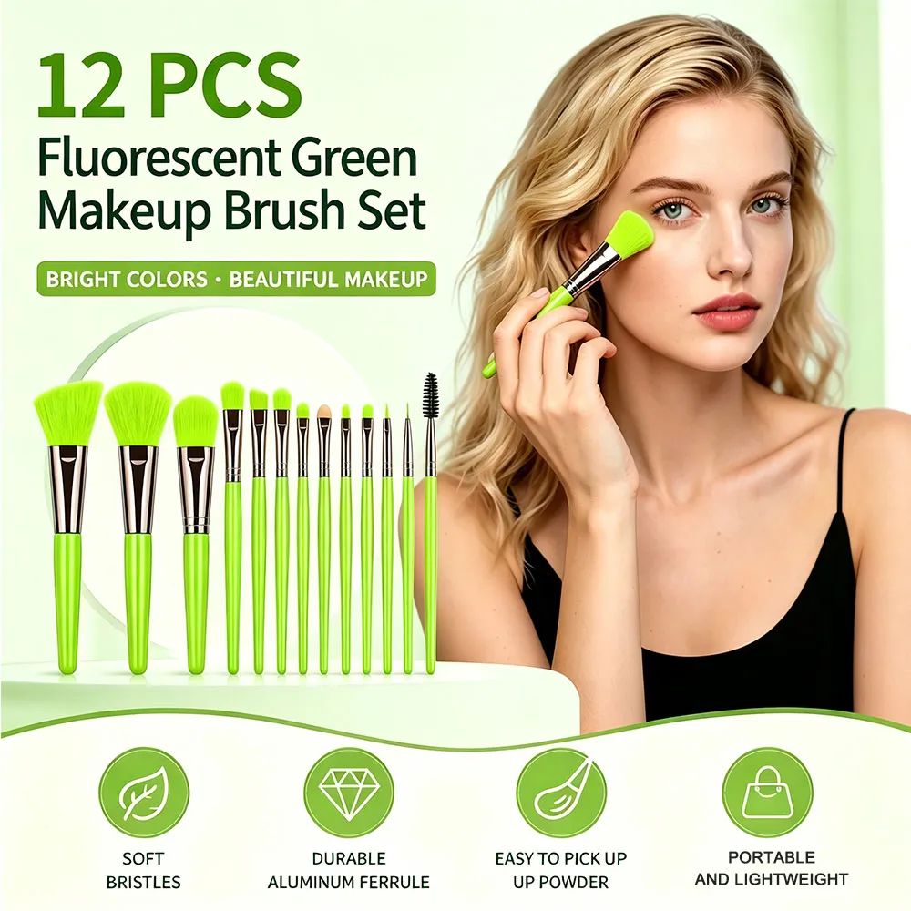 Neon Green 12 Pieces Makeup Brush Set Soft Cosmetic Brushes for Face Foundation Eyeshadow Blush Daily Make up Application — image 1
