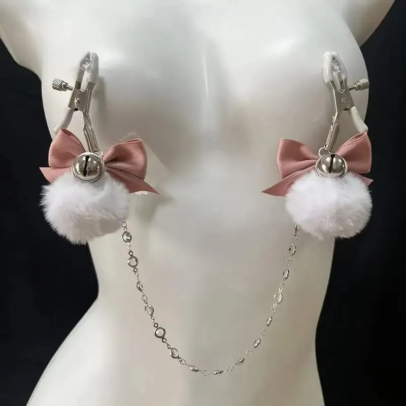 Fuzzy Bow Nipple Clips Bell Collar Body Chain Pink Breast Restraints BDSM Adult Sex Toys For Women