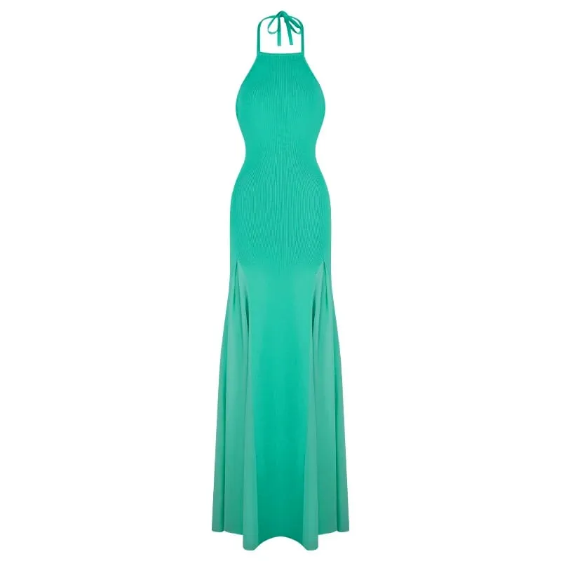 Women's Halter Neck Open Back Maxi Dress Ribbed Knit Top Flowy Chiffon Hem Bodycon Female Summer Evening Vacation Party Dress