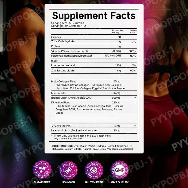 Creatine Monohydrate Gummies 60 Count with Collagen Biotin Vitamin D3 & Hyaluronic Acid for Daily Pre & Post Workout Recovery