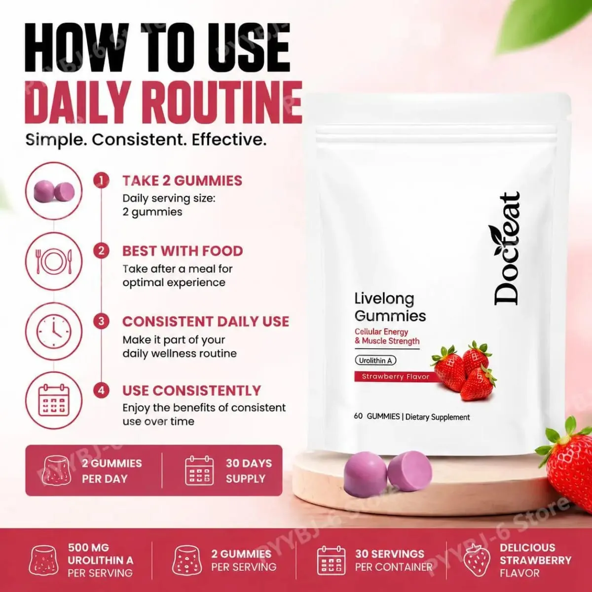 Docteat Urolithin A Gummies Muscle Vitality Support Cellular Energy Mitochondrial Health Daily Wellness Supplement 60 Gummies — image 6