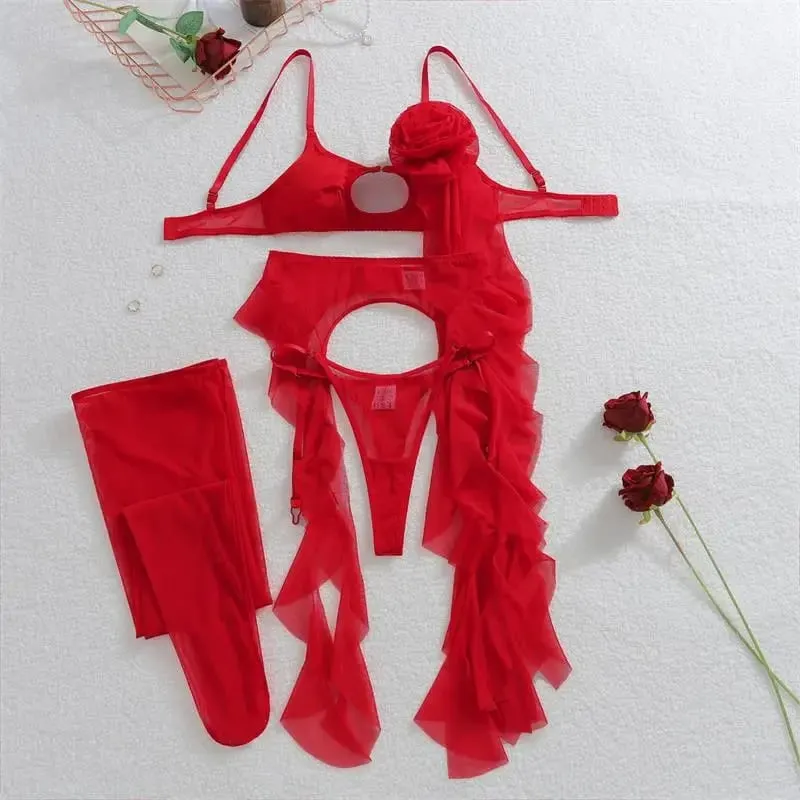 Red See Through Mesh Bra Set With Red Rose Decor Ruffle Edge Shapewear For Women Sexy Lingerie Split Set Sexy Lingerie Female