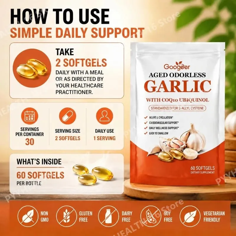 Mga Lumang Walang Amoy na Bawang Softgel na may CoQ10 Ubiquinol at K2 Blood Pressure Suporta sa Puso at Sirkulasyon ng Cholesterol 60 Softgels — image 3