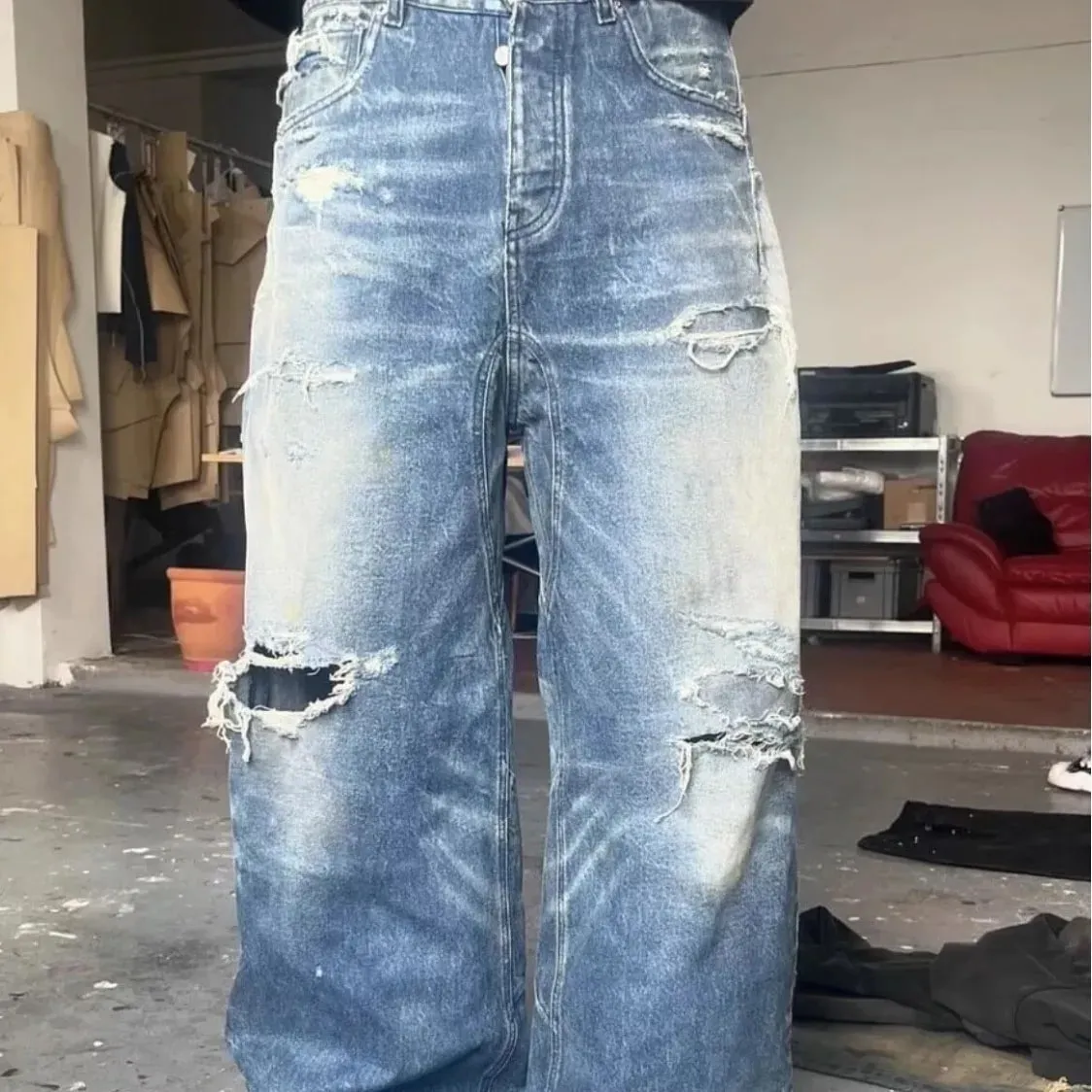Unisex Jeans 2026 Spring Autumn Men's American Hollow Out Washed Retro Jeans Loose Wide Leg Straight Pants Hole Ripped Trousers