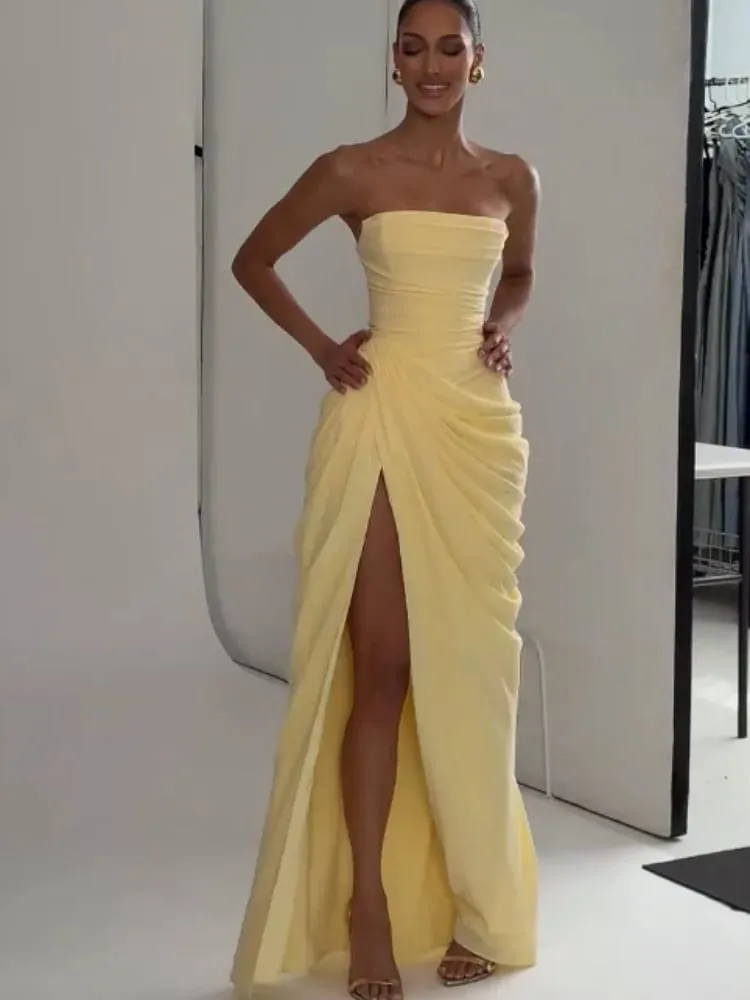Gaun Maxi Belah Wanita Berlipat Tanpa Tali Kuning Gaun Slim Fit Cinching Pinggang Tanpa Lengan Elegan Gaun Pesta Harian Wanita 2026 — image 2