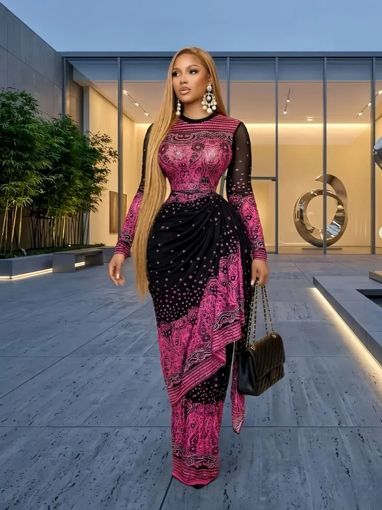 CM.YAYA Women Tie Dye Printed Stacked Ruched Long Sleeve Midi Bodycon Maxi Long Dress Birthday Party Education Trendy Dresses — image 1