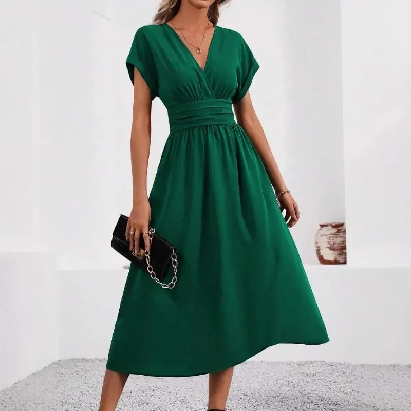 Dresses 2025 Woman Summer Solid-Color V-Neck Batwing-Sleeve Pleated Long Elegant Dress Woman Clothing Tops Skirts Y2k Clothes — image 2