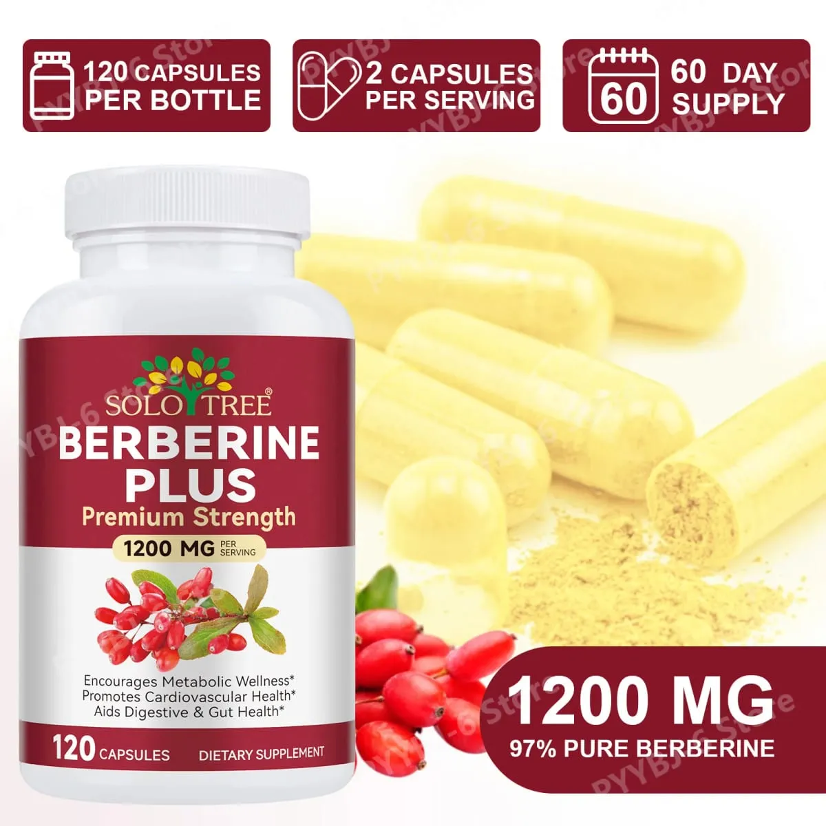 Berberine Plus Κάψουλες 1200mg Berberine HCl Μεταβολισμός & Υποστήριξη Υγείας του Πεπτικού Εντέρου 120 Κάψουλες — image 5