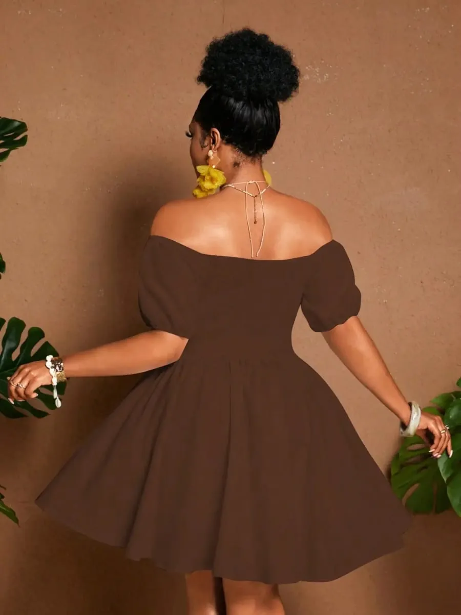 Plus Size Women One-Shoulder Waist-Tie Bubble Sleeve Dress Summer Vacation Style Casual Short Dress Plain Pattern — image 7