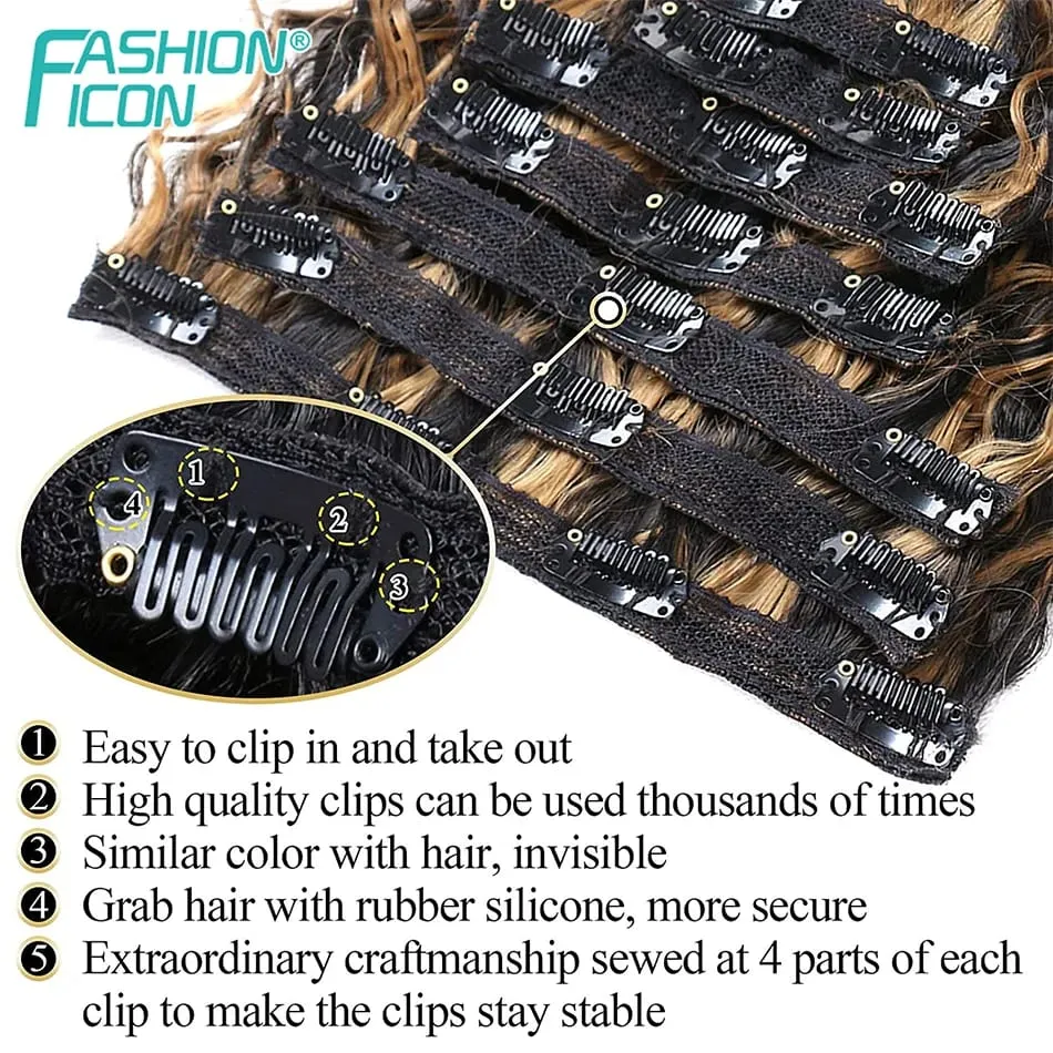 24 Inch Deep Wave Clip In Hair Extensions Synthetic Ombre 7Pc/140g Full Head Curly Hairpieces Heat Resistant Fake Hair for Women — image 5