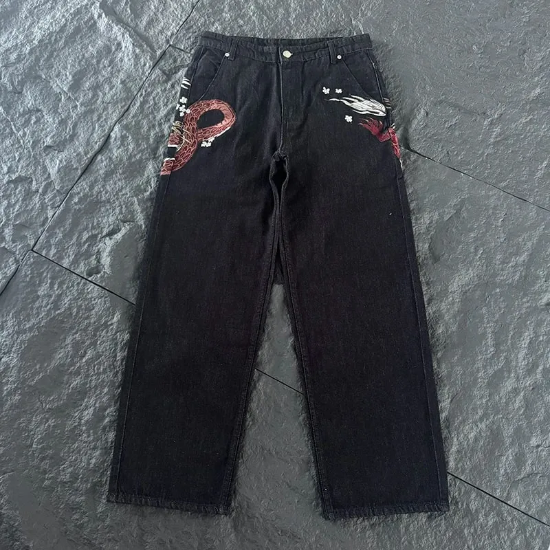 New DERSCHUTZE Unisex Jeans Loose Straight Leg Denim Pants Big Chinese Dragon Embroidery Retro Washed Black Street Trousers — image 2