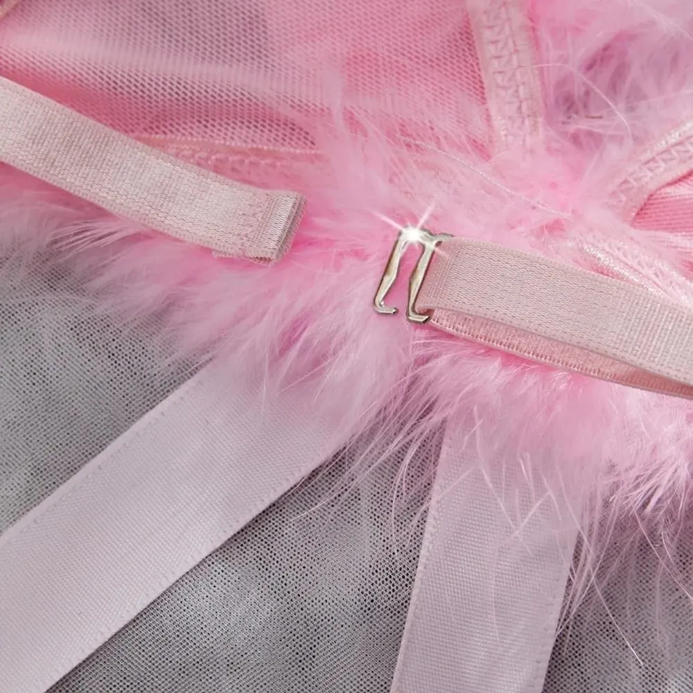 Christmas Furry Women's Underwear Wireless Mesh Transparent Lingerie Set Romantic Intimate Bow Decor Bra Panties Suit Home — image 2