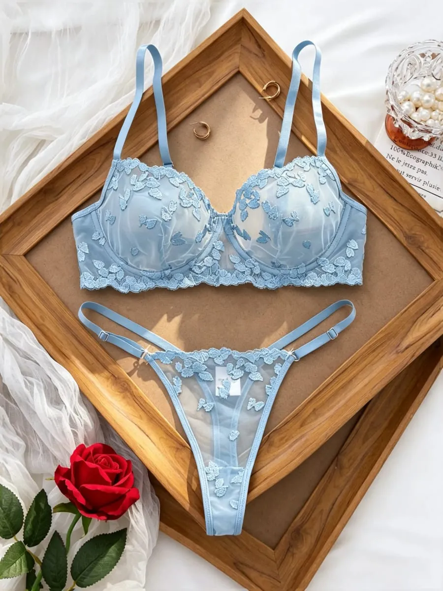 French Style Blue Lace Bra and Panties Set Women Sexy Eyelash Lace Underwear Transparent Mesh Two Piece Lingerie — image 2