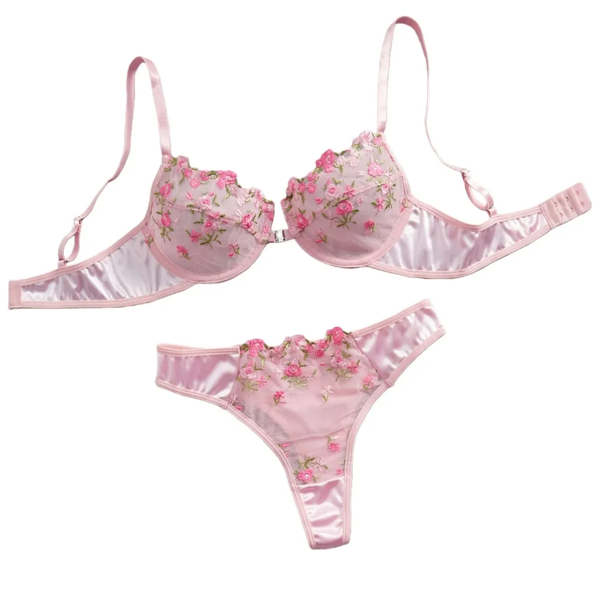Pink Floral Embroidery Lingerie Set 2PCS Underwired Semi-Sheer Front Closure Back Double Hooks Sexy Underwear for Romantic Occas — image 1