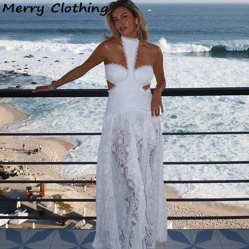 Sexy Lace Patchwork Dress Women Hollow Out Sleeveless Party Club Long Skirt See Through Halter Evening Gown Vacation Lady Robes — image 3