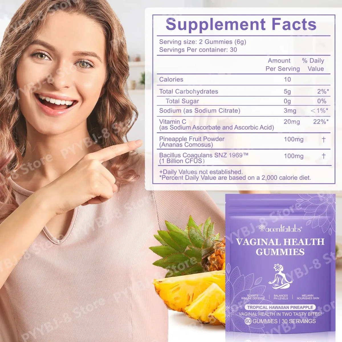Acentiallabs Vaginal Health Gummies with Bacillus Coagulans and Vitamin C Supports Immune Defense and PH Balance 60 Gummies — image 3