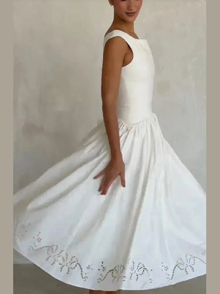 Chic Vintage White Boat Neck Dress Embroidered Cap Sleeve Cutwork Hem High Waist Flowy A-line Gown 2026 New Evening Party Outfit — image 2
