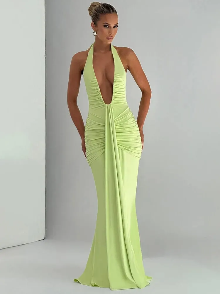 Mozision Deep V Leher Dibungkus Gaun Maxi Seksi Ruched Wanita Musim Panas Fesyen Halter Tanpa Lengan Belakang Terbuka Pesta Kelab Gaun Elegan — image 4