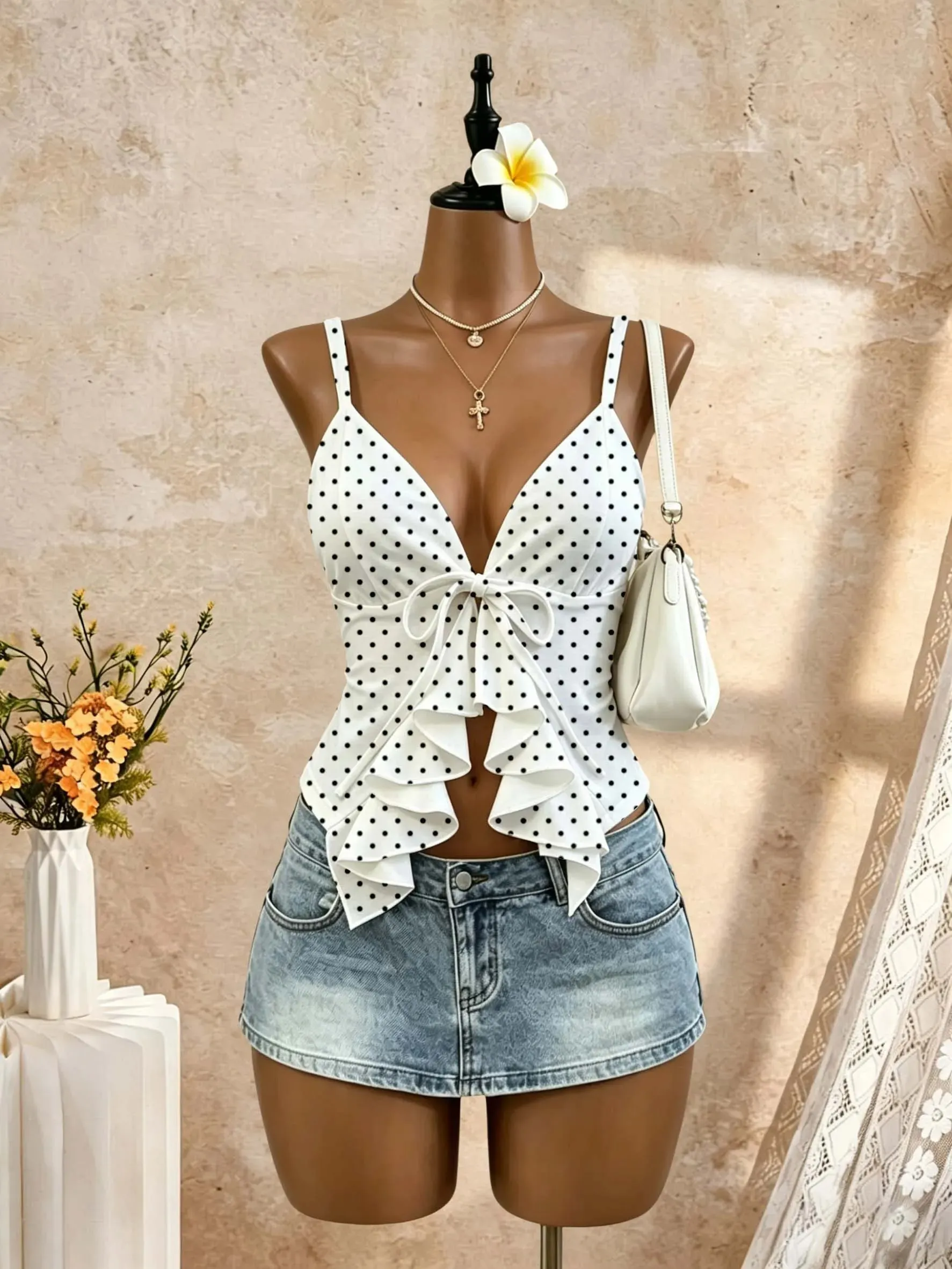 Women Deep V Spaghetti Strap Cami Top Front Self Tie Bow Ruffle Cutout Waist Slim Fit Solid White Summer Y2K Sleeveless Tank Ves