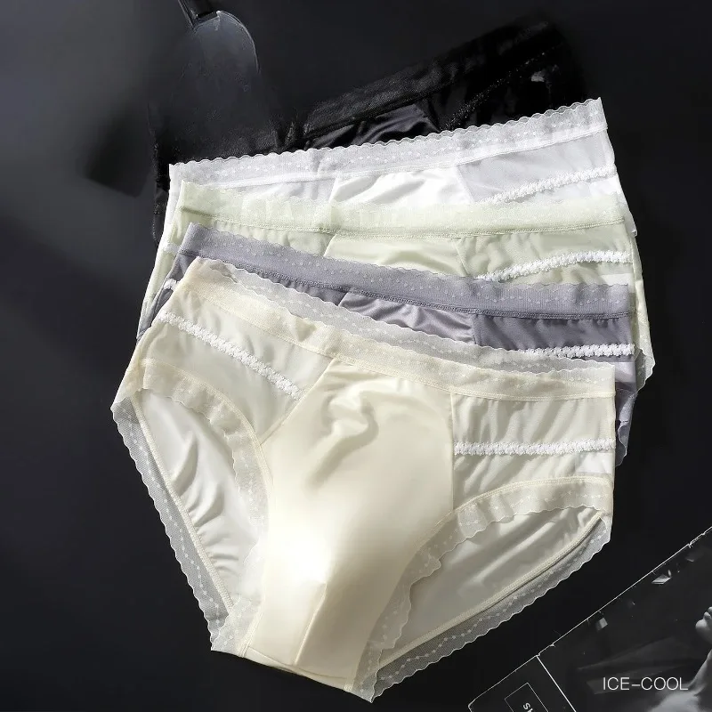 Men's Sexy Lace Thin Briefs Seamless Underware Ice Silk Brief 3D Bulge Pouch Panties Sleep Bottoms Breathable Male Underpants — image 3