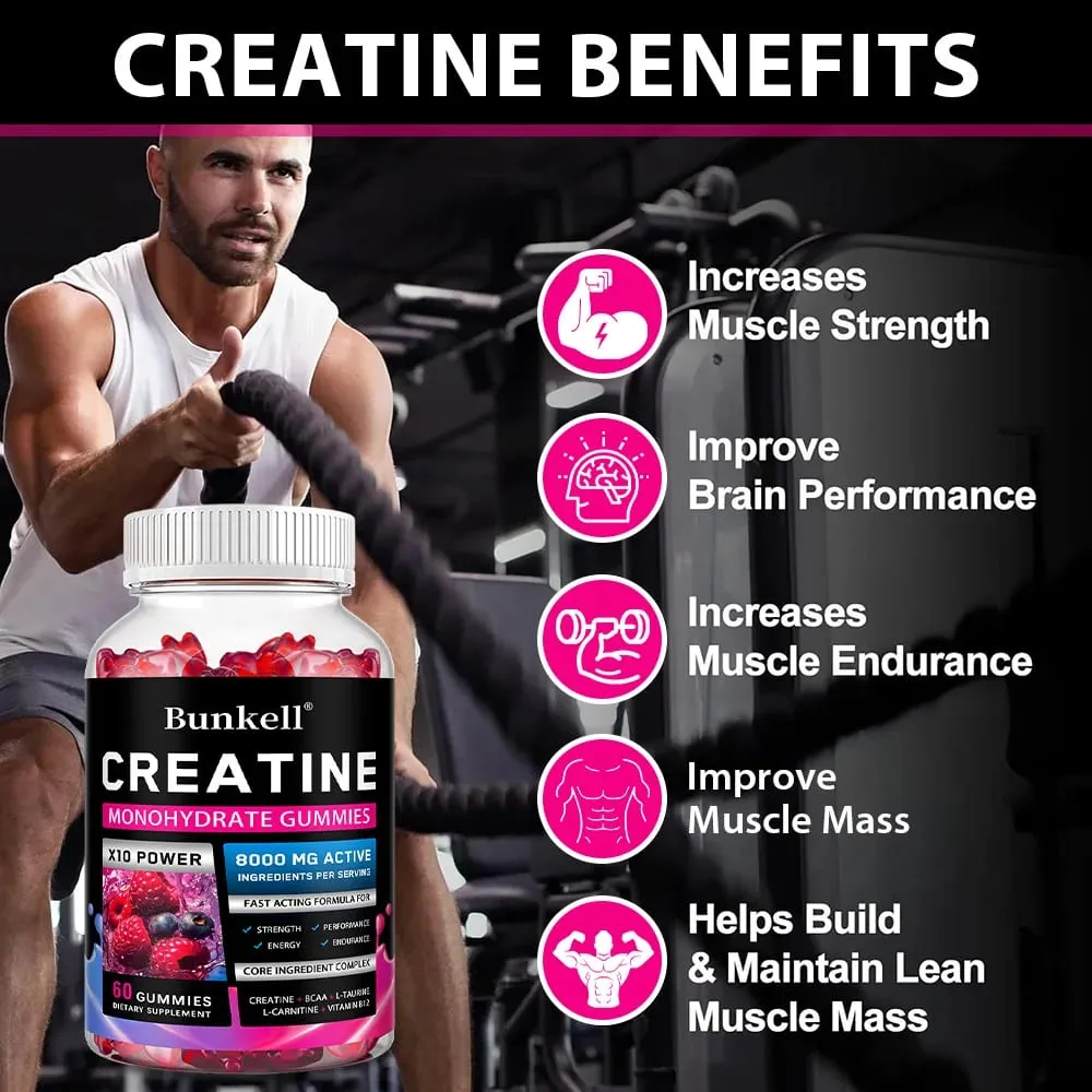 Creatine Monohydrate Gummies - 8000 Mg Pre/post Workout Fitness Strength Muscle Building Provide Energy Supplements