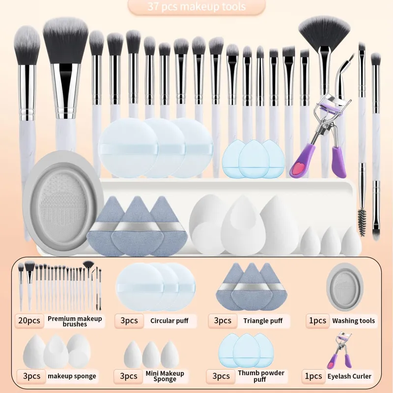 20 makeup brushes+3 round powder puffs+3 triangular powder puffs+3 beauty eggs+3 finger powder puffs+3 mini beauty eggs+1 washin — image 9