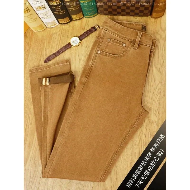 Autumn fashion light luxury men's jeans khaki small feet elastic coffee casual pants — image 5