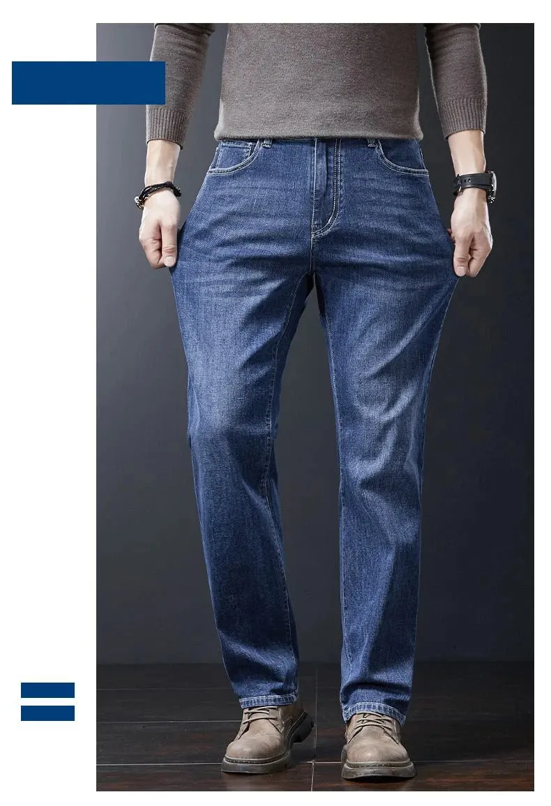 Men's Soft Stretch Straight Jeans Business Casual Slim Fit Wash Denim Pants Korean Fashion Blue Gray Male Brand Trousers — image 5