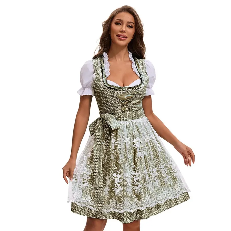 2025 Multicolor Munich Oktoberfest Dress for Women Bavarian Traditional Ethnic Print Beer Skirt with Top and Apron Maid Costume — image 12