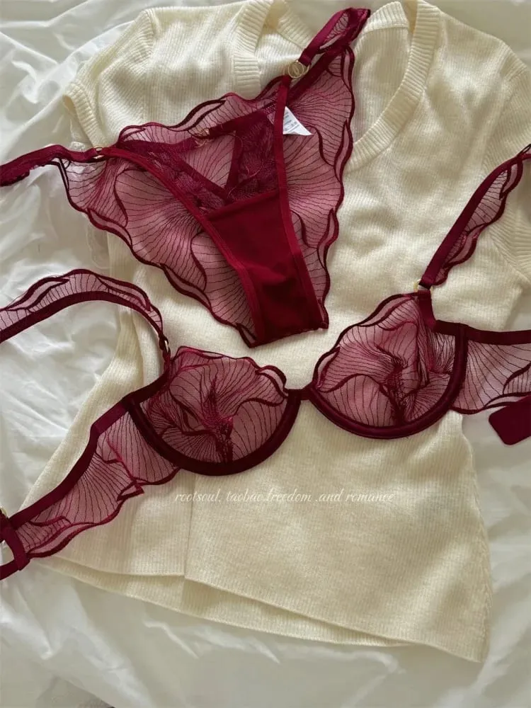Sexy French Flower Embroidery Lace Bra Set Pure Desire Ultra Thin Push Up Wirefree Comfort Romantic Niche Bralette S-XL MOYISU — image 1