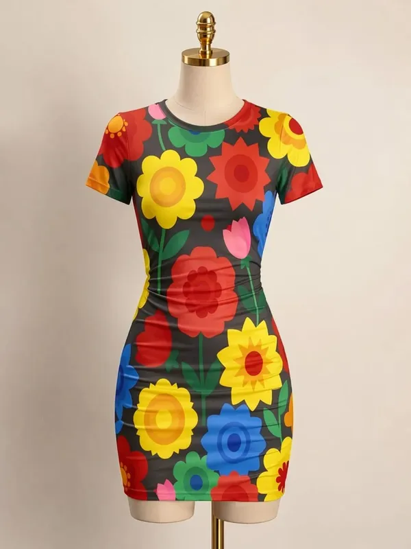 Womens Short Sleeve Bodycon Mini Dress Slim Fit Crew Neck Floral Print Casual Summer Party Cute Trendy Flattering Party Sundress — image 11