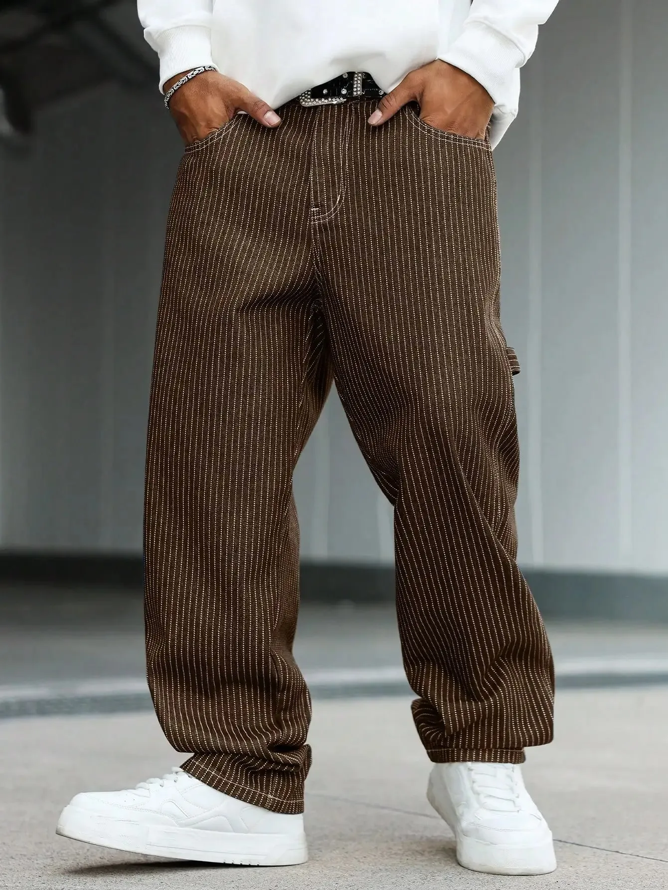 Men's vintage brown-and-white thin pinstripe loose wide-leg denim trousers Y2K workwear street-style unisex casual jeans — image 3