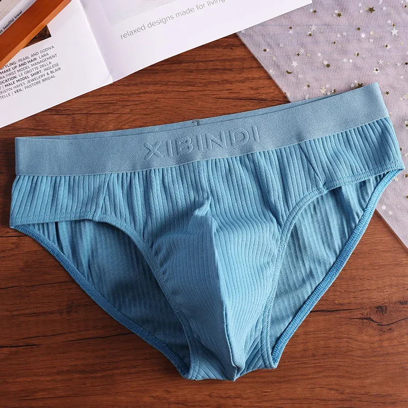 3-Piece Men's Cotton Ribbed Briefs Set - "XIBINDI" Embossed Waistband Underwear (Blue/Gray/Pink) — image 2