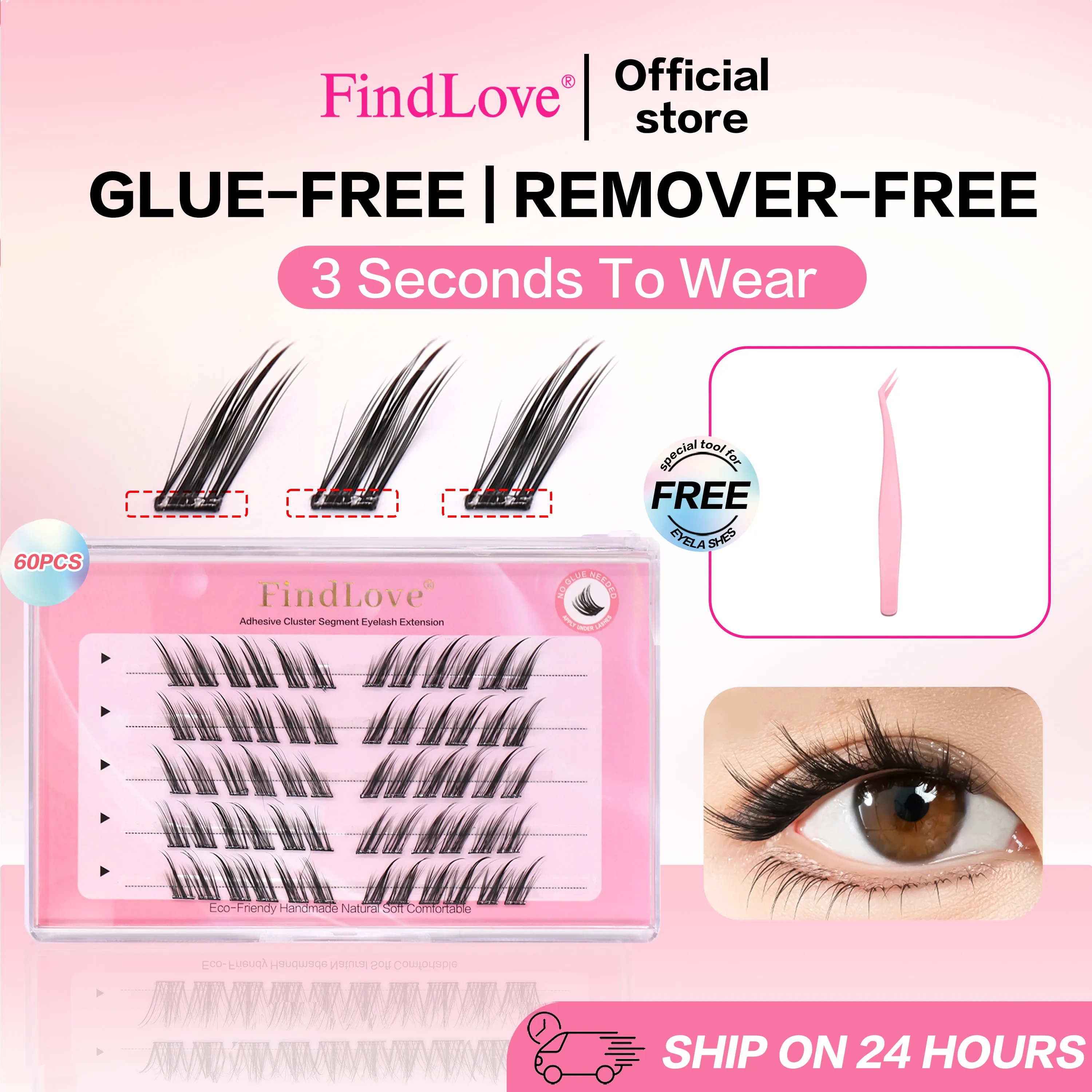 FindLove Fox Eye Lashes Pre Glued ขนตาปลอม C Curl 12 มม.Reusable Manga Lashes นุ่มไม่มีกาวต้องการขนตาแต่งหน้าเครื่องมือ