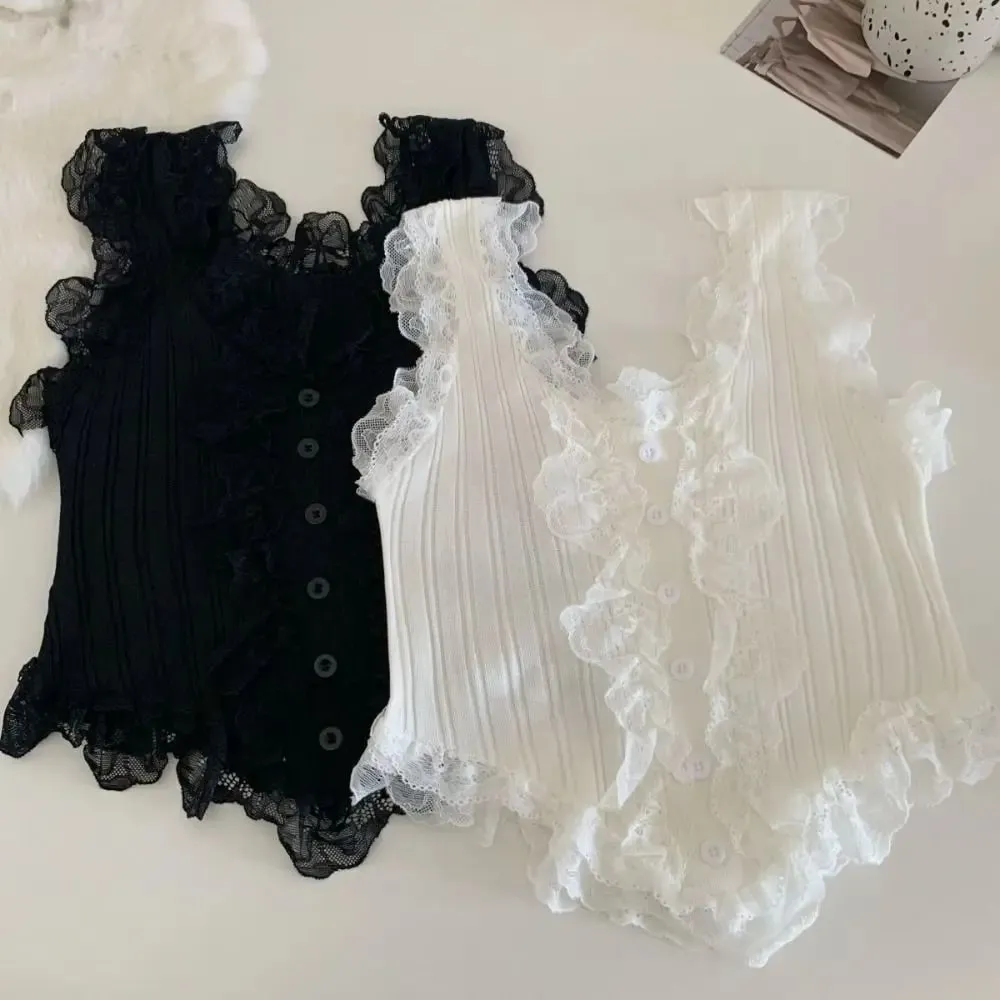 Süßes Y2k Spitze Strick Crop Top Tank Koreanischer Stil Damen Strickweste Top Unterhemd Süßes ärmelloses Leibchen Sommer