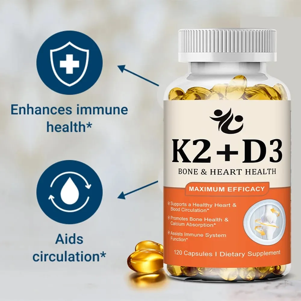 Vitamin D3 5000 IU + K2 MK-7 100mcg Capsules Support Nutrient Absorption Metabolism Bone Heart Health & Immune System — image 5