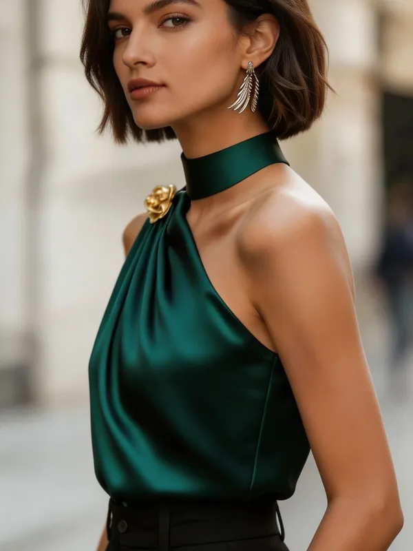 Chic Halter One Shoulder Satin Draped Dark Green Blouse Sleeveless Top For Party & Office Women — image 3