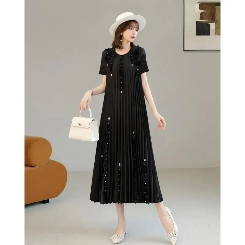Miyake Pleated Elegant Dresses Women 2026 Summer New Vacation Solid Color Dress Loose Pleats Short Sleeve Plus Size Fold Dress