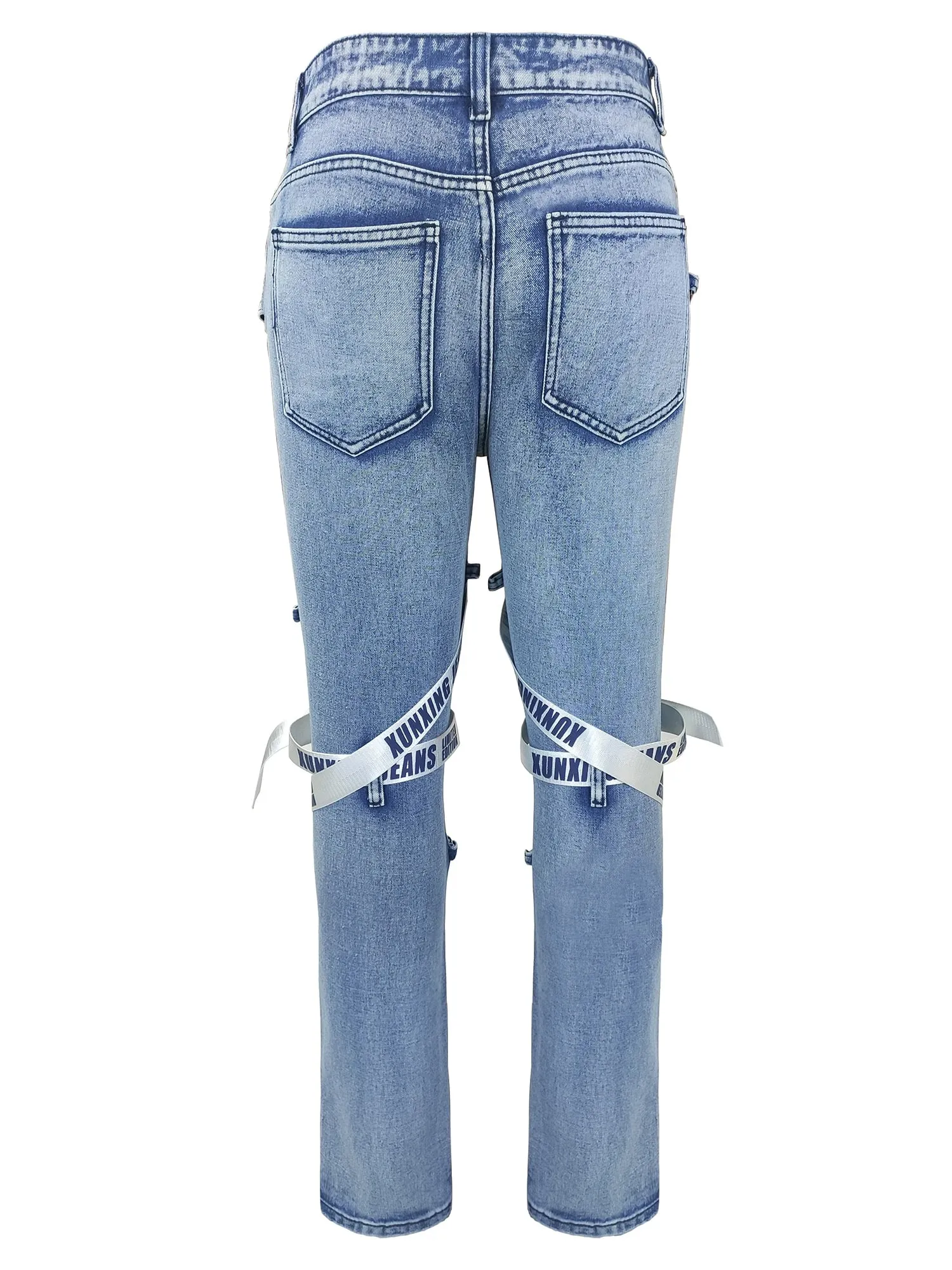 Men's jeans slim fit motorcycle straps blue denim trousers washed blue cut holes multi-craft hip-hop streetwear daily men Pants — image 3