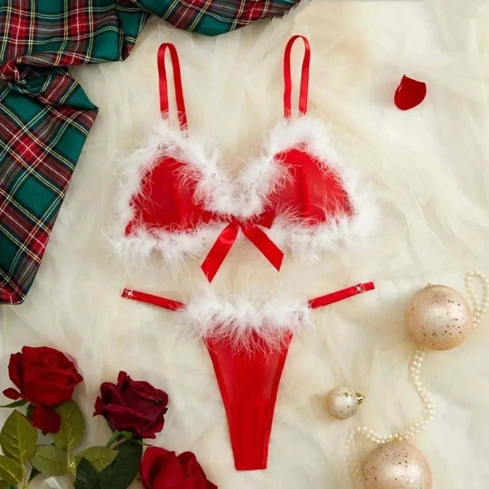 Christmas Furry Women's Underwear Wireless Mesh Transparent Lingerie Set Romantic Intimate Bow Decor Bra Panties Suit Home — image 6